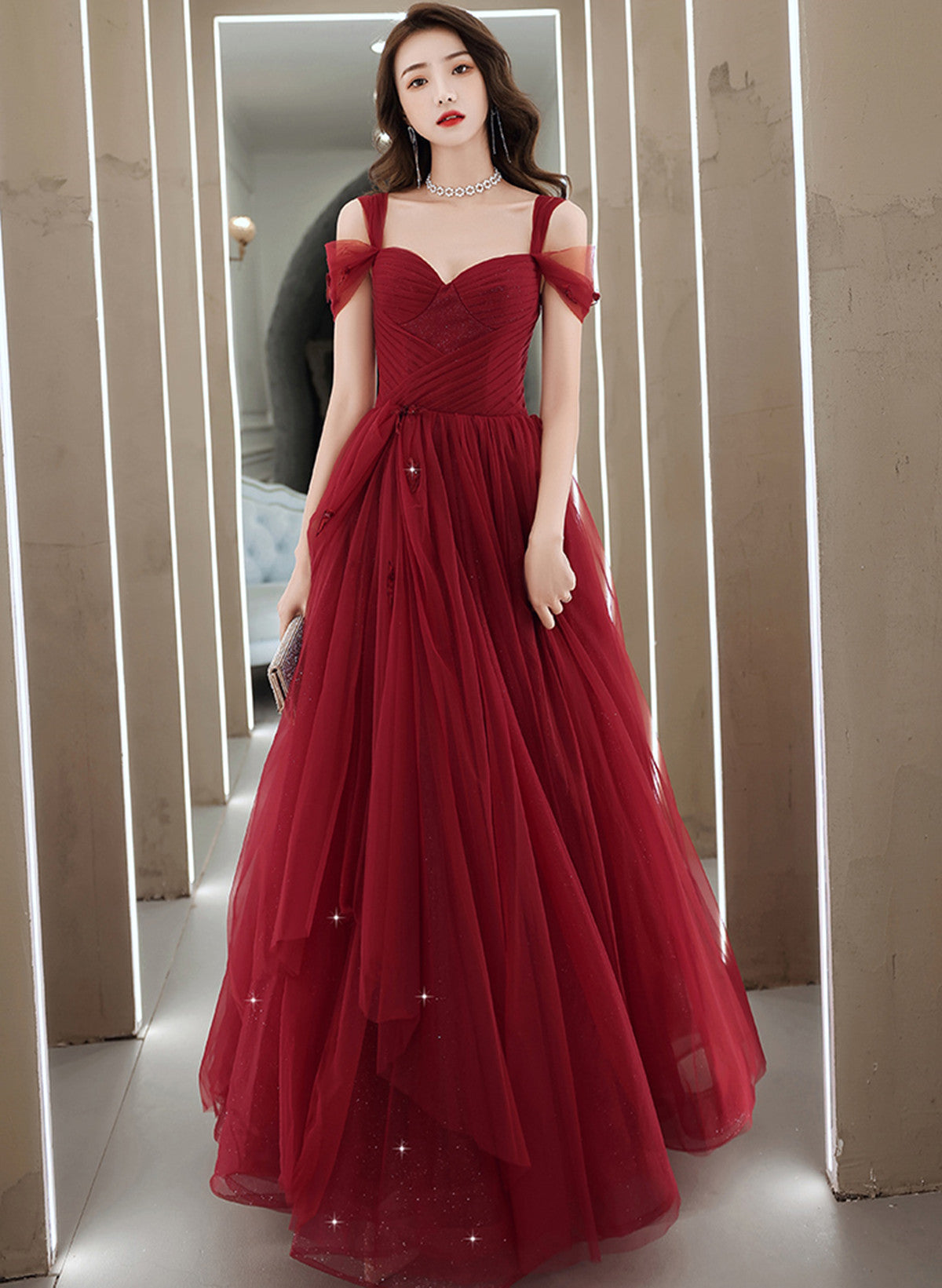 red tulle holiday dress Red Tulle A-line Sweetheart Prom Dresses With Ruffles, Party Dresses, MP919