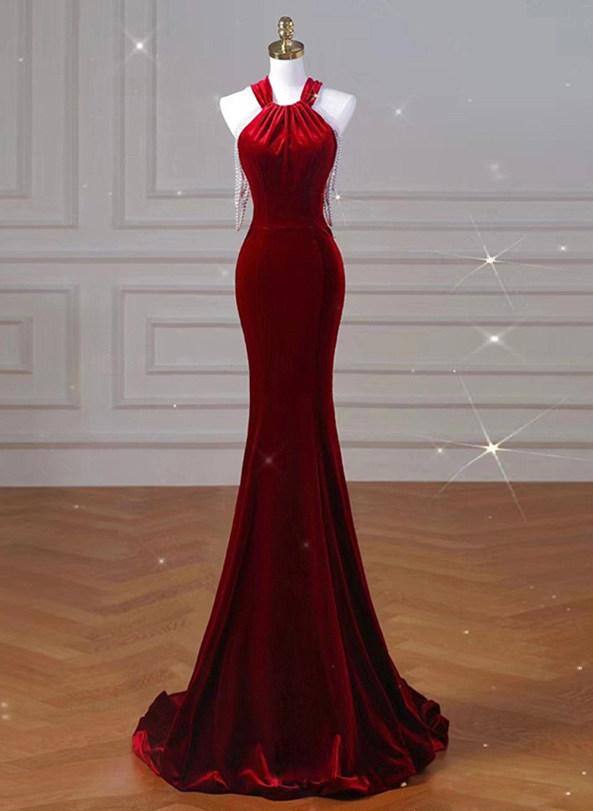 Wine Red Halter Backless Velvet Mermaid Party Dress, Wine Red Evening
