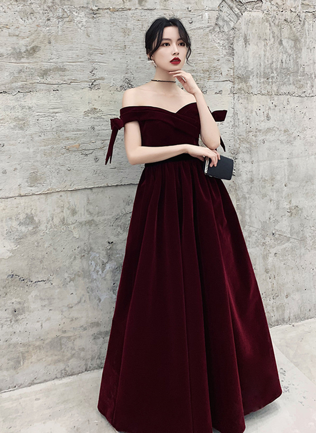 Wine Red Velvet Off Shoulder Party Dress, A-line Velvet Bridesmaid Dre Cutedressy Wine Red Velvet Off Shoulder Party Dress, A-line Velvet Bridesmaid Dre Cutedressy