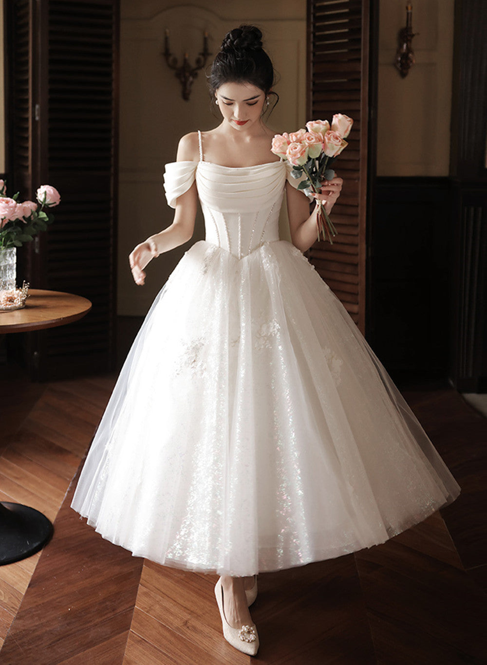White Beaded Off Shoulder Tulle Wedding Party Dress, White Formal Dres Cutedressy White Beaded Off Shoulder Tulle Wedding Party Dress, White Formal Dres Cutedressy