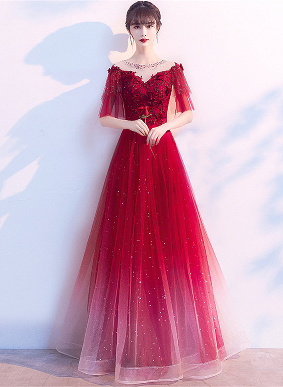 red gradient dress Elegant Gradient Red V Neck Off Shoulder Prom Party Long Dress