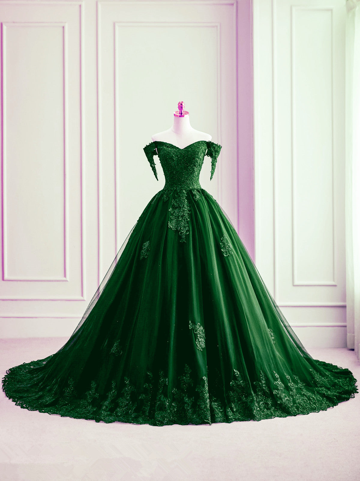 Dark Green Off Shoulder Tulle with Lace Sweet 16 Dress, Dark Green For Cutedressy Dark Green Off Shoulder Tulle with Lace Sweet 16 Dress, Dark Green For Cutedressy