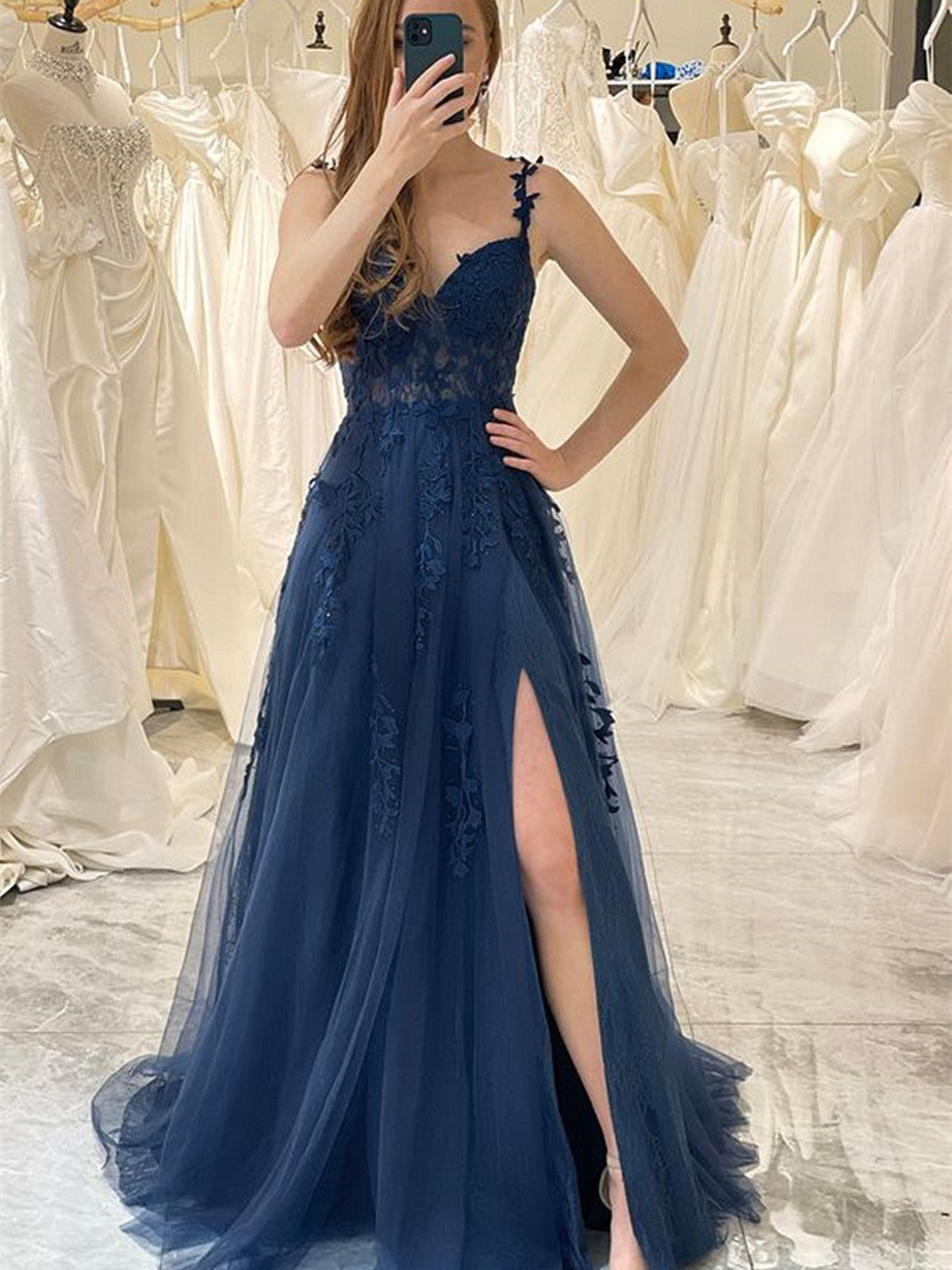 Navy Blue Sweetheart Straps Long Party Dress, A-line Prom Dress with Leg Slit Navy Blue Sweetheart Straps Long Party Dress, A-line Prom Dress with Leg Slit