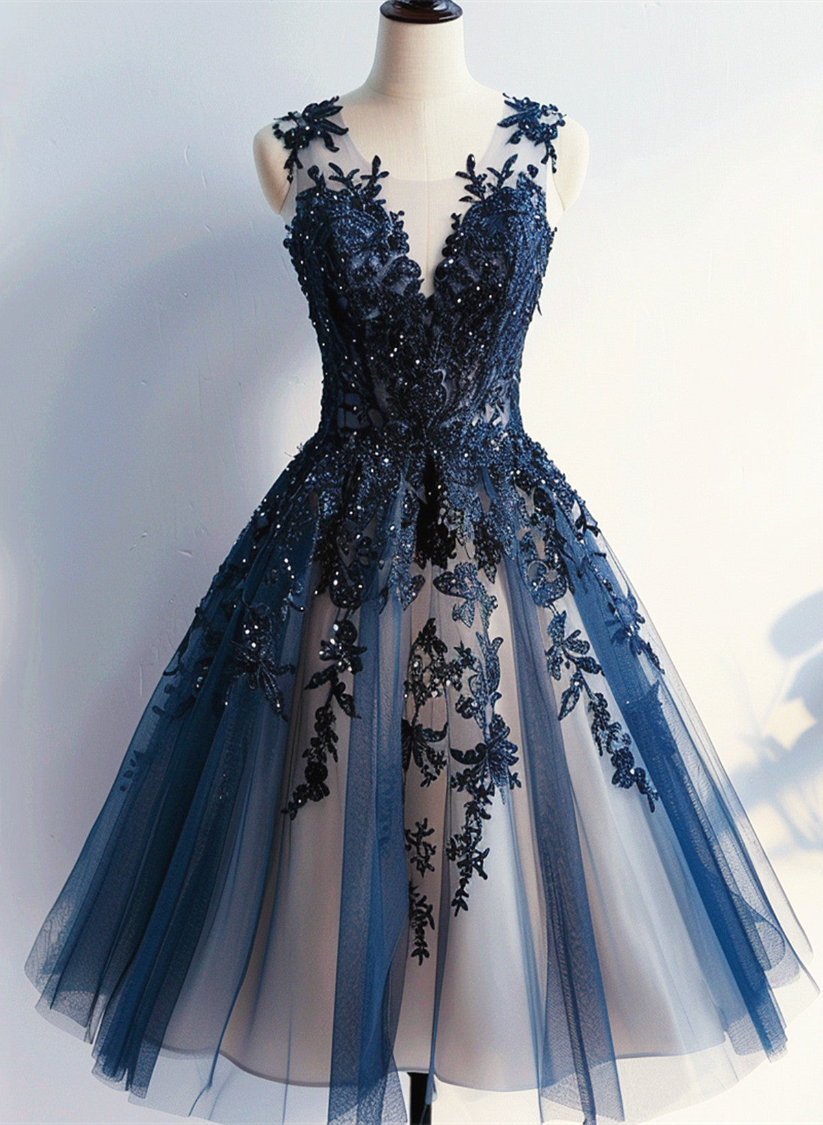 A-line Navy Blue V-neckline Tulle and Lace Homecoming Dress, Blue Shor Cutedressy A-line Navy Blue V-neckline Tulle and Lace Homecoming Dress, Blue Shor Cutedressy