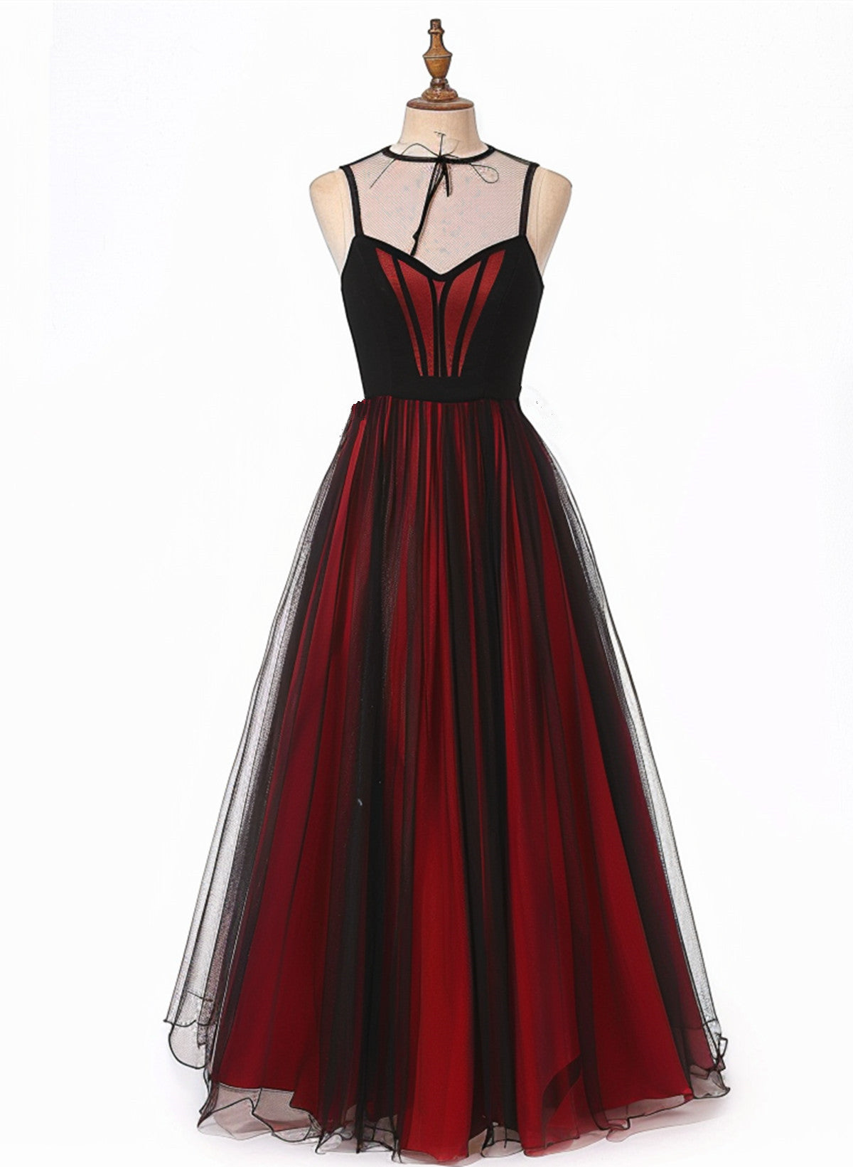 Black and Red V-neckline Tulle Long Party Dress, Black and Red Formal