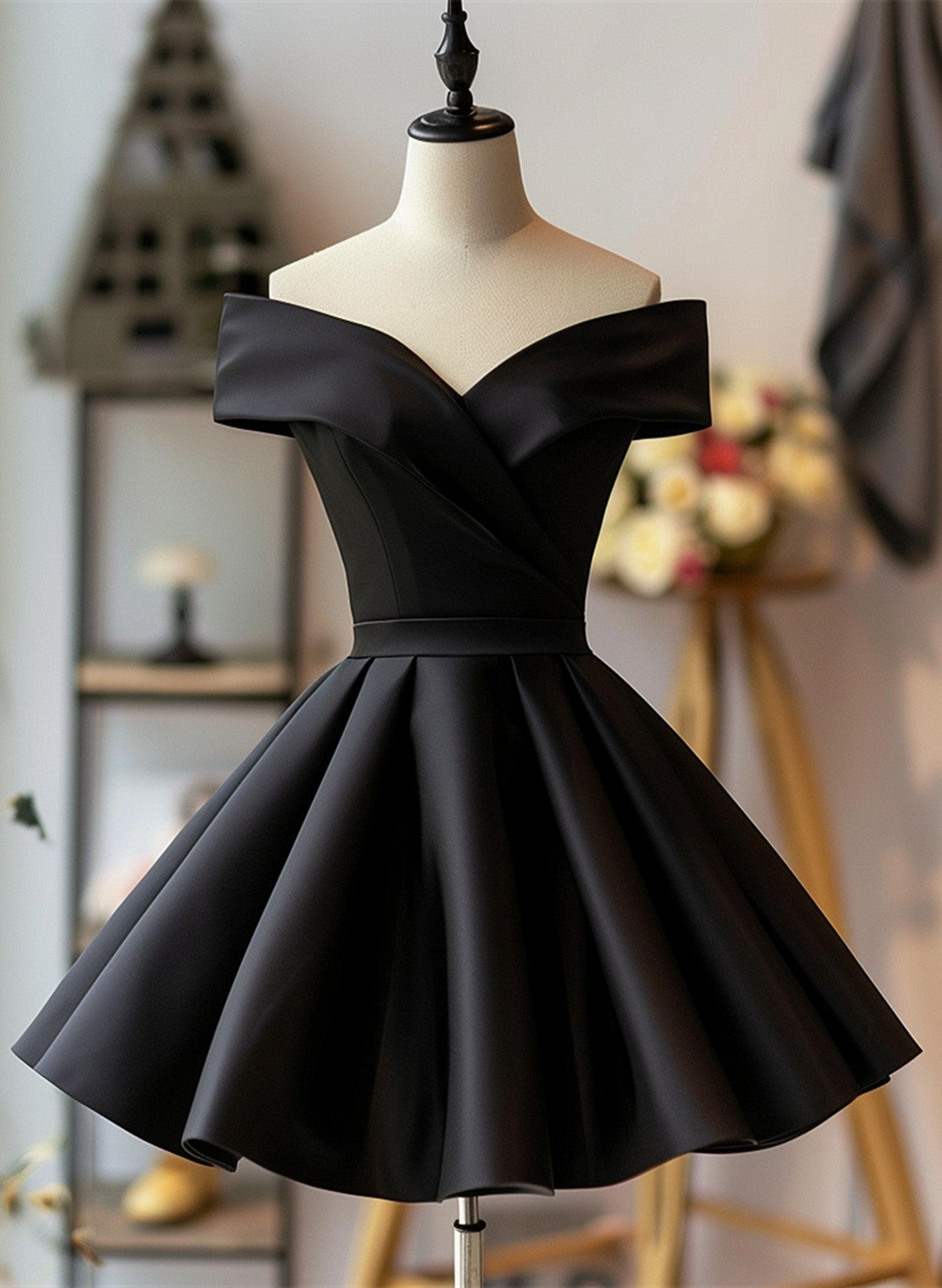 Black Satin Off Shoulder Knee Length Homecoming Dress, Black Party Dre Cutedressy Black Satin Off Shoulder Knee Length Homecoming Dress, Black Party Dre Cutedressy