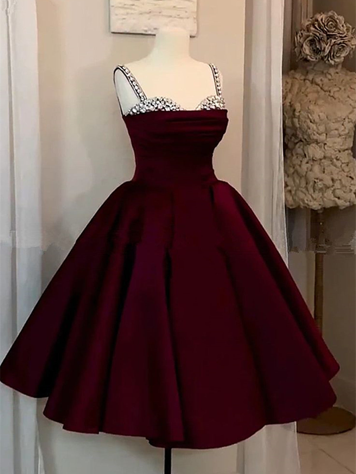 Wine Red Satin Beaded Straps Knee Length Party Dress, Wine Red Satin H