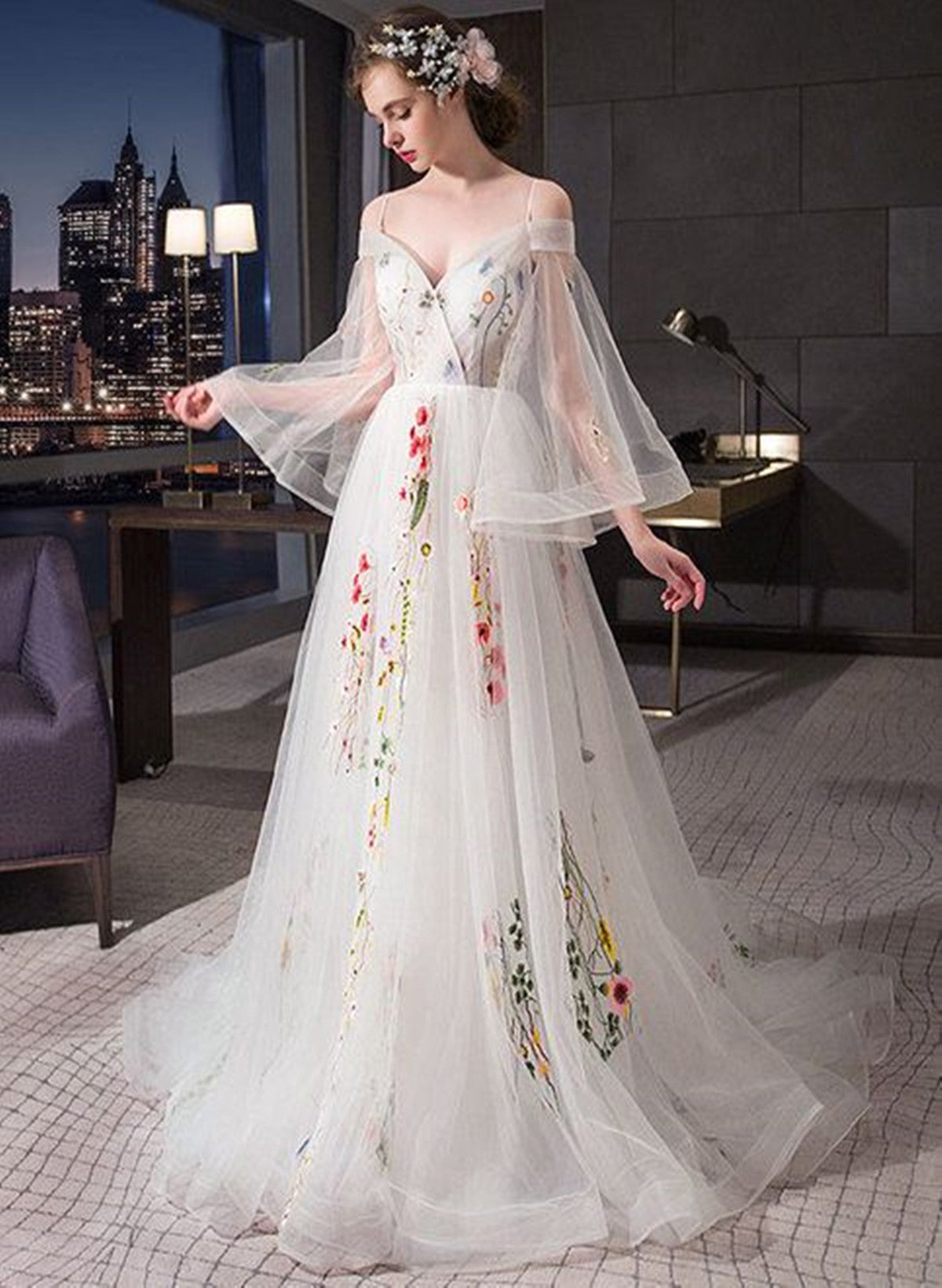Ivory Tulle Sweetheart Long Wedding Dress with Lace, Ivory Tulle Party Cutedressy Ivory Tulle Sweetheart Long Wedding Dress with Lace, Ivory Tulle Party Cutedressy