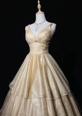 Champagne V-neckline Tulle Layers Formal Dress, Champagne Party Dress Prom Dress