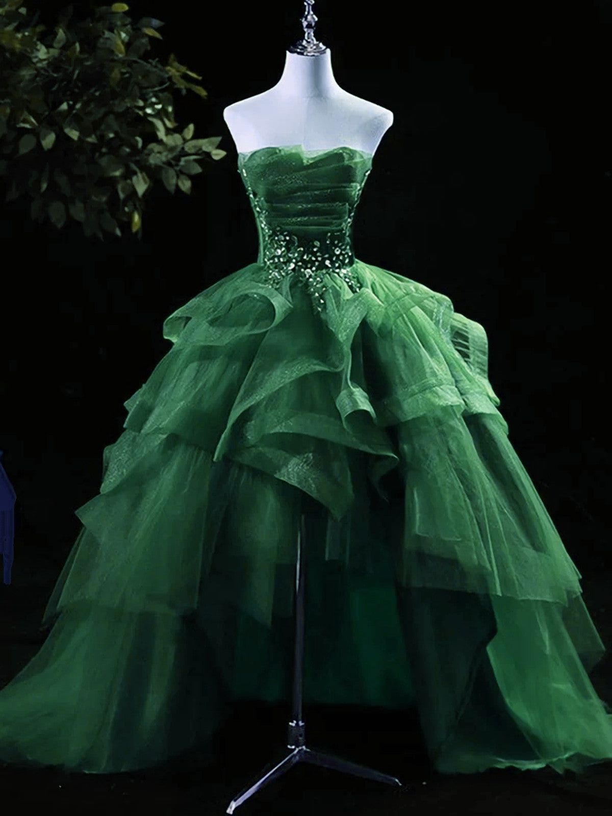 Green High Low Tulle Ruffles Tiered Beaded Party Dress, High Low Green Cutedressy Green High Low Tulle Ruffles Tiered Beaded Party Dress, High Low Green Cutedressy