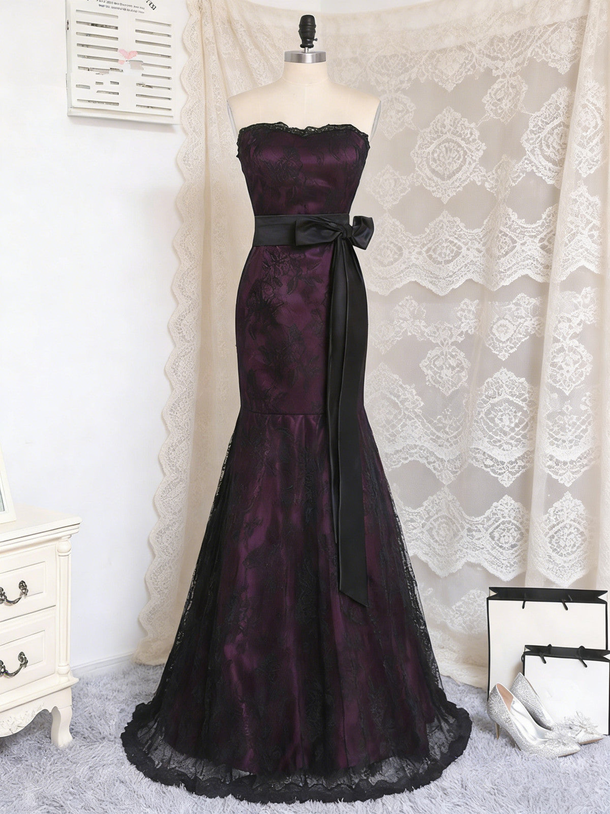 Gothic Purple and Black Lace Mermaid Prom Gown, Strapless Floor-Length Gothic Purple and Black Lace Mermaid Prom Gown, Strapless Floor-Length