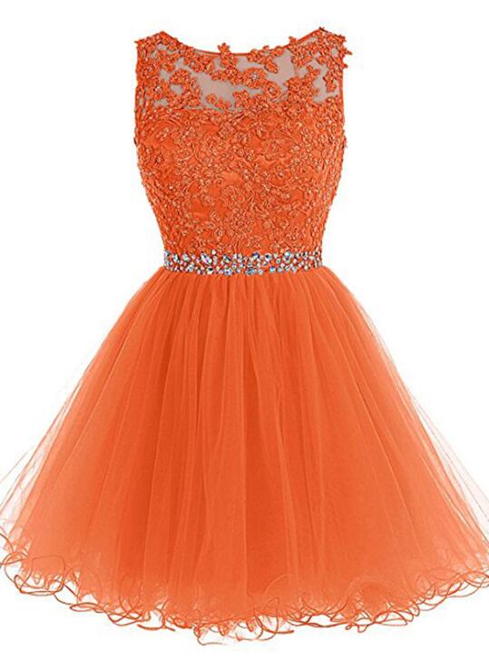 Round Neckline Orange Tulle Beaded Homecoming Dress, Short Party Dress Graduation Dress Round Neckline Orange Tulle Beaded Homecoming Dress, Short Party Dress Graduation Dress
