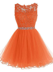 Round Neckline Orange Tulle Beaded Homecoming Dress, Short Party Dress Graduation Dress Round Neckline Orange Tulle Beaded Homecoming Dress, Short Party Dress Graduation Dress