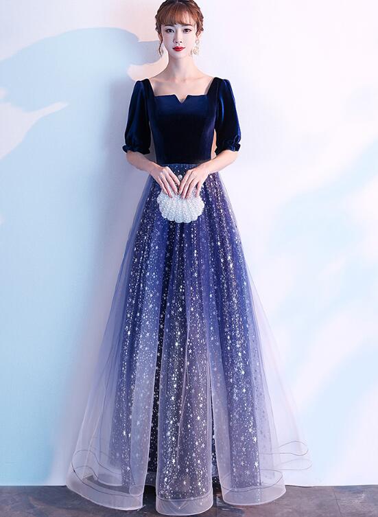 Navy Blue Shiny Tulle and Velvet Long Bridesmaid Dress, Wedding Party Cutedressy Navy Blue Shiny Tulle and Velvet Long Bridesmaid Dress, Wedding Party Cutedressy