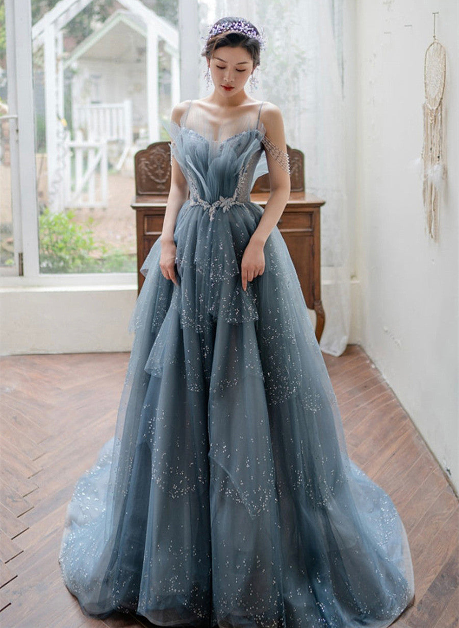 Blue Tulle Straps V-neckline Long Formal Dress, Blue Layers Tulle Prom Blue Tulle Straps V-neckline Long Formal Dress, Blue Layers Tulle Prom