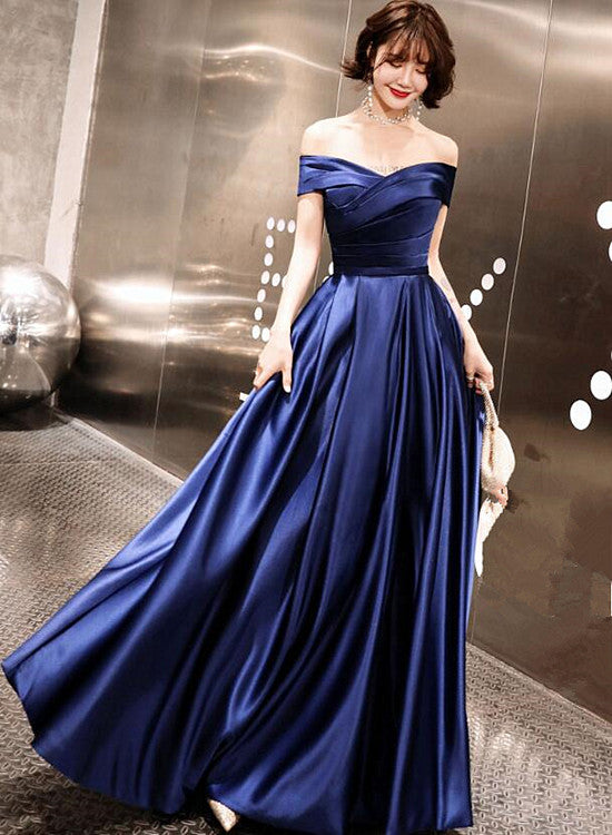 Beautiful Satin Navy Blue A-line Prom Dress, Off Shoulder Party Dress Cutedressy Beautiful Satin Navy Blue A-line Prom Dress, Off Shoulder Party Dress Cutedressy