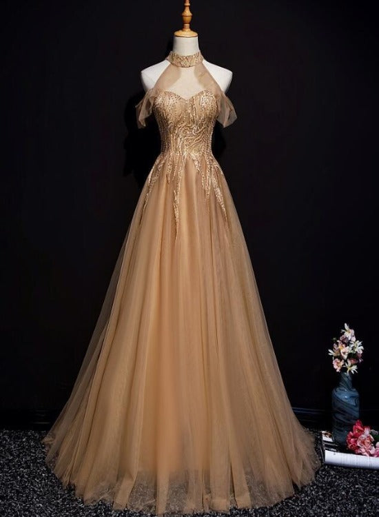 Champagne Tulle Halter Long Party Dress, A-line Formal Gown Cutedressy Champagne Tulle Halter Long Party Dress, A-line Formal Gown Cutedressy