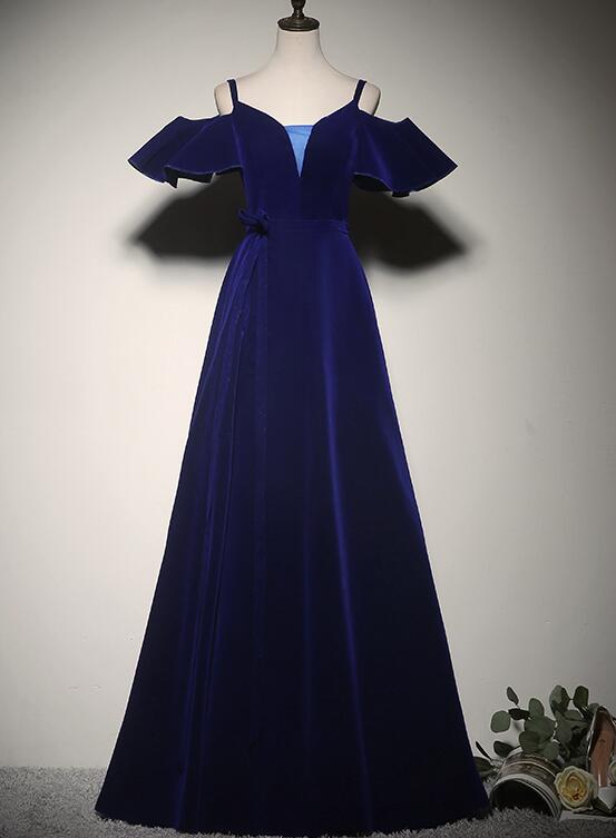 Elegant Blue Velvet Straps Long Party Dress, Long Evening Party Dress Cutedressy Elegant Blue Velvet Straps Long Party Dress, Long Evening Party Dress Cutedressy