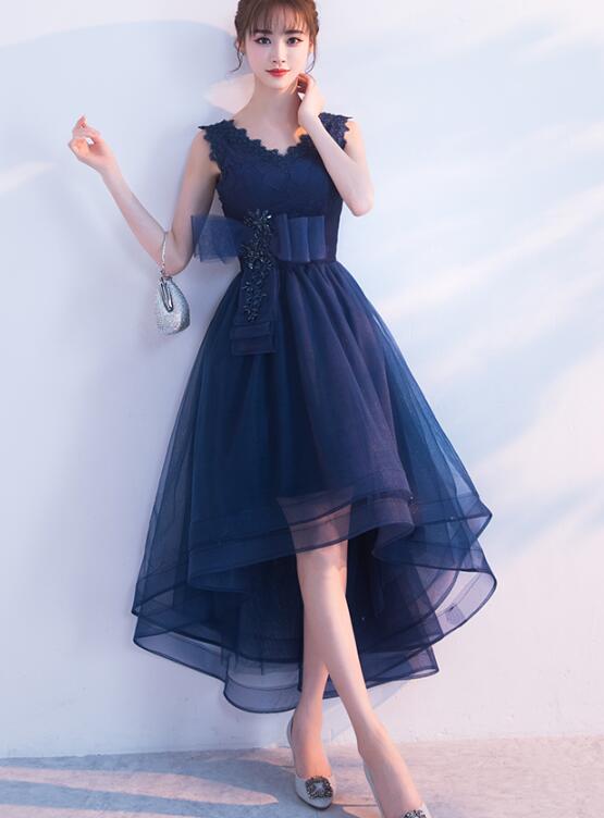 Navy Blue V-neckline High Low Tulle Party Dress, Blue Homecoming Dress Cutedressy Navy Blue V-neckline High Low Tulle Party Dress, Blue Homecoming Dress Cutedressy