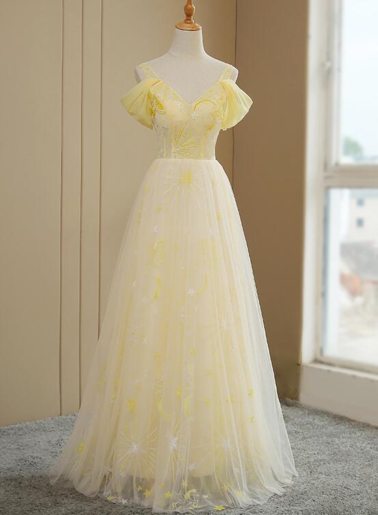Beautiful Light Yellow Tulle Off Shoulder Evening Dress, Fashion Long Beautiful Light Yellow Tulle Off Shoulder Evening Dress, Fashion Long