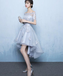 Grey High Low Stylish Applique Homecoming Dress, Cute Party Dresses, High Low Formal Dress