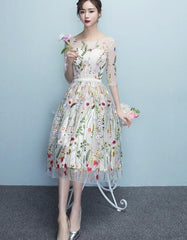 Lace Floral Elegant 1/2 Sleeves Knee Length Round Neckline Party Dress, Homecoming Dress , Party Dress