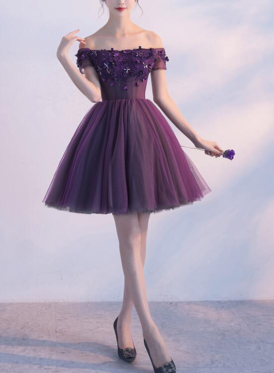 Dark Purple Off Shoulder Knee Length Homecoming Dress , Lovely Formal Dark Purple Off Shoulder Knee Length Homecoming Dress , Lovely Formal