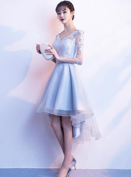 Grey Short Sleeves High Low Party Dress, Lace-up Backless Formal Dress