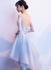 Grey Short Sleeves High Low Party Dress, Lace-up Backless Formal Dress Grey Short Sleeves High Low Party Dress, Lace-up Backless Formal Dress