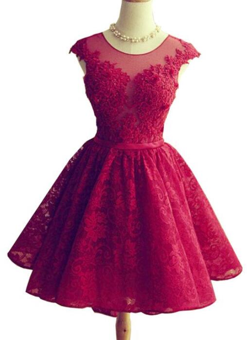 Wine Red Lace Knee Length Round Neckline Party Dress, Cute Homecoming Cutedressy Wine Red Lace Knee Length Round Neckline Party Dress, Cute Homecoming Cutedressy