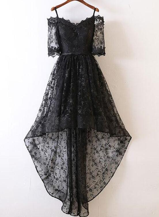 black lace prom dress high low Black Lace High Low Homecoming Dresses A Line V Neck Vintage Prom Dress ARD1767