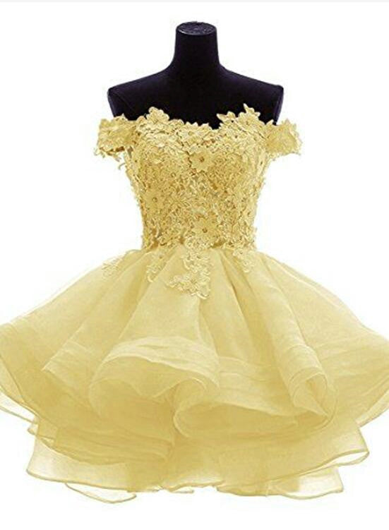 Light Yellow Off Shoulder Lovely Organza Party Dress, Cute Short Prom Cutedressy Light Yellow Off Shoulder Lovely Organza Party Dress, Cute Short Prom Cutedressy