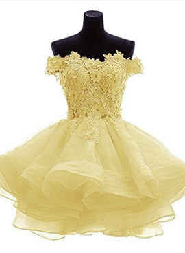 Light Yellow Off Shoulder Lovely Organza Party Dress, Cute Short Prom Dress