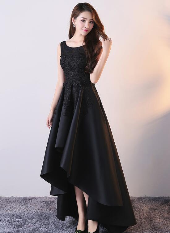 Beautiful Black Satin and Lace High Low Round Party Dress, Black Forma Cutedressy Beautiful Black Satin and Lace High Low Round Party Dress, Black Forma Cutedressy