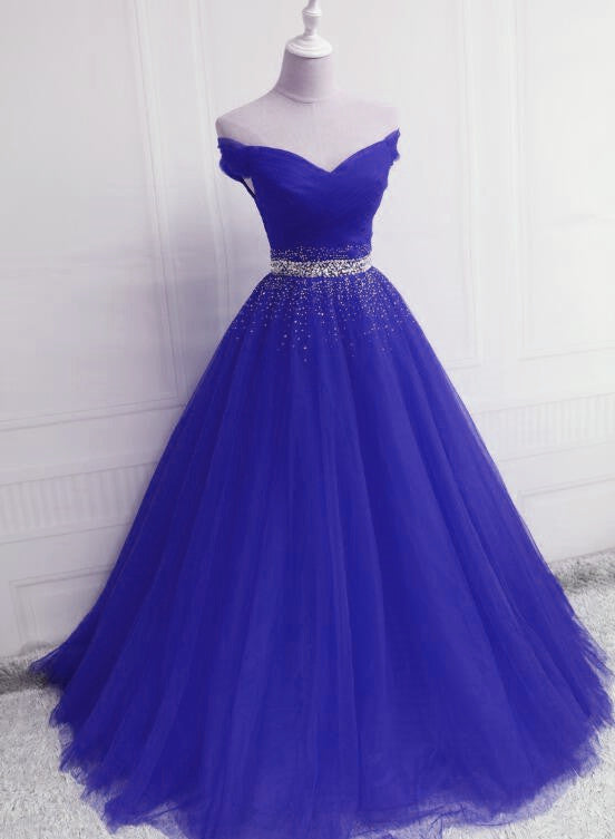 Gorgeous Royal Blue Tulle Off Shoulder Party Gown, Blue Formal Dress Cutedressy Gorgeous Royal Blue Tulle Off Shoulder Party Gown, Blue Formal Dress Cutedressy