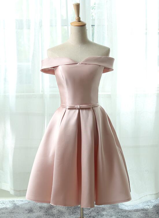Pink Satin Off Shoulder Knee Length Party Dress, Cute Formal Dress Cutedressy Pink Satin Off Shoulder Knee Length Party Dress, Cute Formal Dress Cutedressy