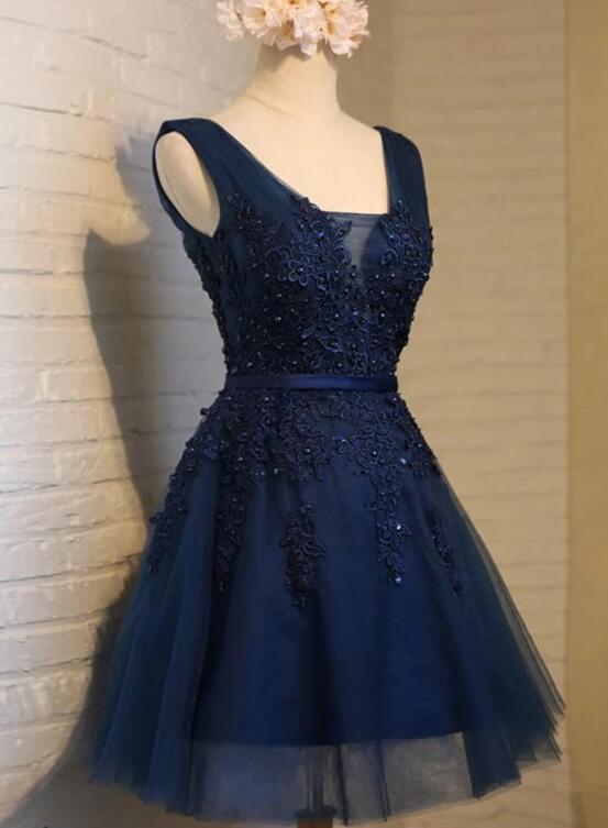 Cute Navy Blue Knee Length Lace Applique Party Dress, Homecoming Dress Cutedressy Cute Navy Blue Knee Length Lace Applique Party Dress, Homecoming Dress Cutedressy