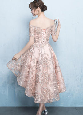 Cute High Low Lace Homecoming Dress, Off the Shoulder Party Dress
