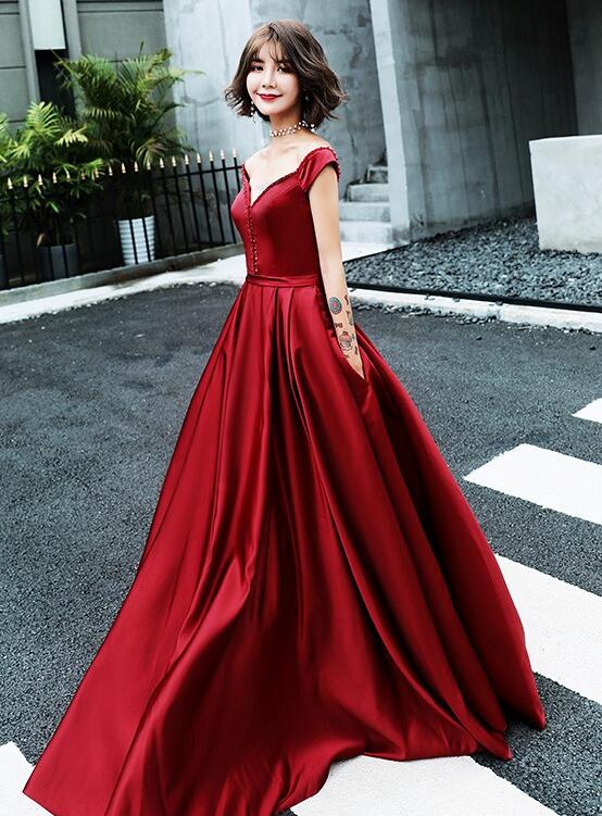 Deep Red Prom Dress Sweetheart Pretty A-line Sweetheart Dark Red Long Satin Party Dress, Off Shoulder Deep Red Prom Dress Sweetheart Pretty A-line Sweetheart Dark Red Long Satin Party Dress, Off Shoulder