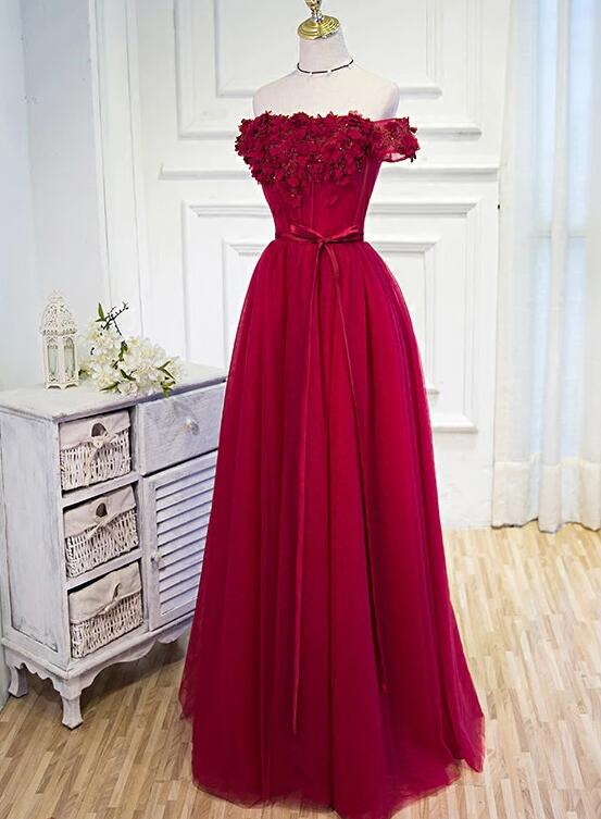 Burgundy Tulle Flowers Flower Prom Dress Off the Shoulder Long Brides Cutedressy Burgundy Tulle Flowers Flower Prom Dress Off the Shoulder Long Brides Cutedressy