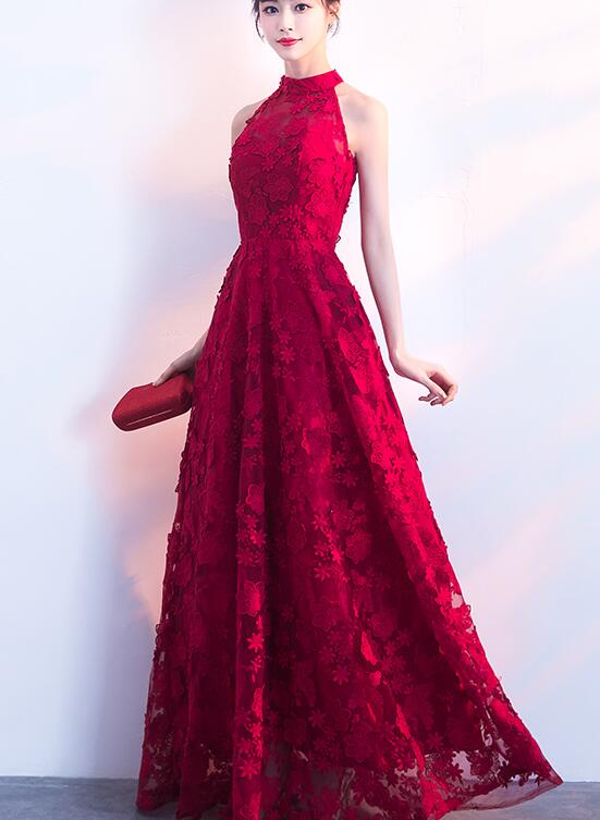 Charming Red Halter Lace Floor Length Party Dress, Red Prom Dress Cutedressy Charming Red Halter Lace Floor Length Party Dress, Red Prom Dress Cutedressy