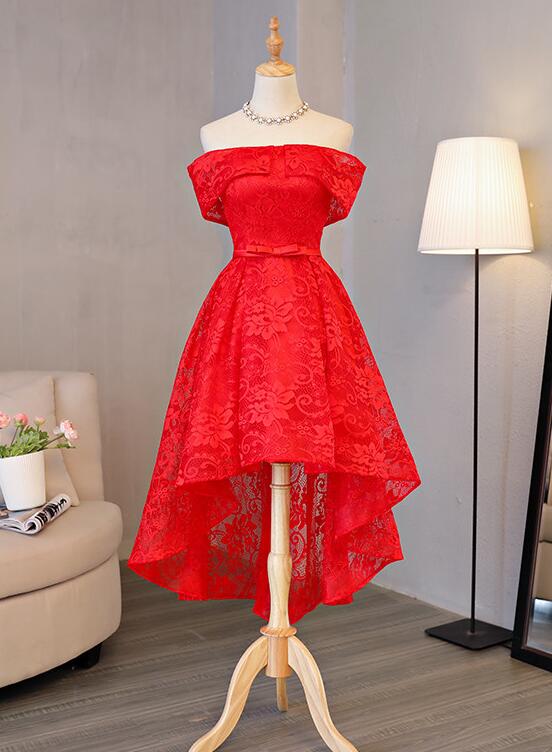Beautiful Red Lace High Low Off Shoulder Wedding Party Dress, Red Home Cutedressy Beautiful Red Lace High Low Off Shoulder Wedding Party Dress, Red Home Cutedressy