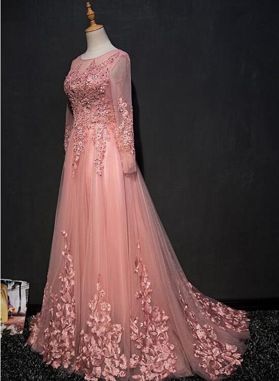Pink Lace Applique Tulle Floor-length A-line Prom Dresses, Long Sleeve Cutedressy Pink Lace Applique Tulle Floor-length A-line Prom Dresses, Long Sleeve Cutedressy