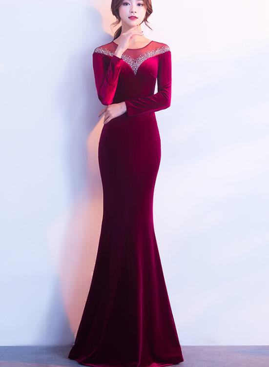 Elegant Long Sleeves Velvet Mermaid Long Party Dress, Charming Prom Dr Cutedressy Elegant Long Sleeves Velvet Mermaid Long Party Dress, Charming Prom Dr Cutedressy