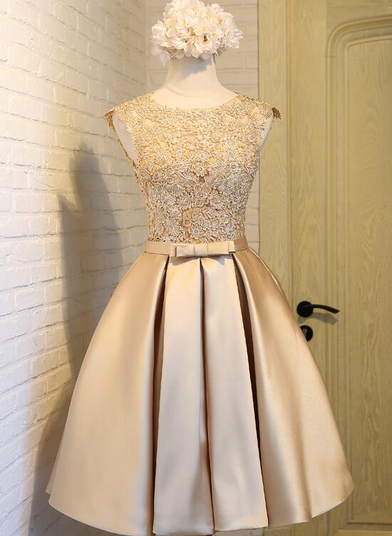Lovely Satin Gold with Lace Knee Length Prom Dress, Short Party Dress Cutedressy Lovely Satin Gold with Lace Knee Length Prom Dress, Short Party Dress Cutedressy