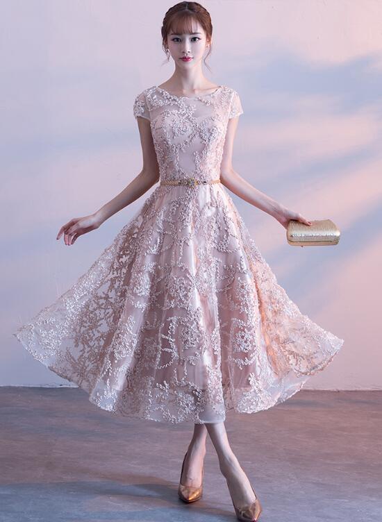 Fashionable Tea Length Lace Cap Sleeves Bridesmaid Dress, Lace Party D Fashionable Tea Length Lace Cap Sleeves Bridesmaid Dress, Lace Party D