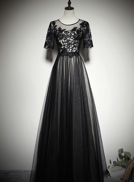 Beautiful Black Short Sleeves Lace and Tulle Long Prom Dress, Long Par Cutedressy Beautiful Black Short Sleeves Lace and Tulle Long Prom Dress, Long Par Cutedressy