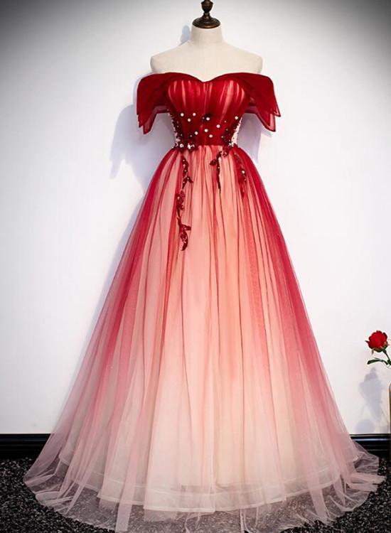 Beautiful Long Red Off Shoulder Tulle Gradient Party Dress, New Prom D Cutedressy Beautiful Long Red Off Shoulder Tulle Gradient Party Dress, New Prom D Cutedressy