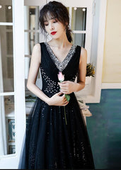 Charming Black Sequins and Beaded V-neckline Long Party Dress, Black Formal Dress Charming Black Sequins and Beaded V-neckline Long Party Dress, Black Formal Dress