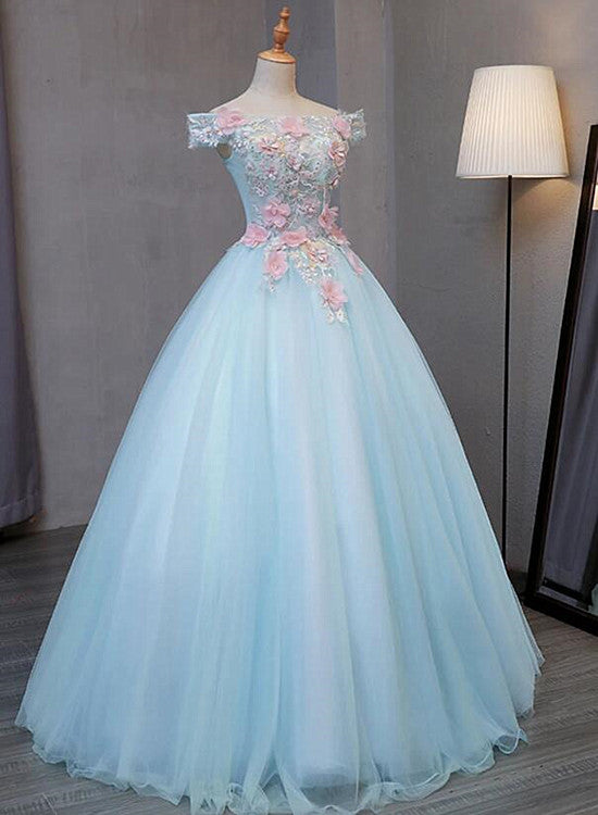Light Blue Long Floral Tulle Sweet 16 Dress, Quinceanera Dress Light Blue Long Floral Tulle Sweet 16 Dress, Quinceanera Dress